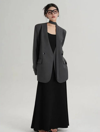 Fashion Collarless Blazers Jacket Ladies Korean Streetwear Design Belt Temperament Blazer Woman Chic Long Sleeve Loose Suit Coat