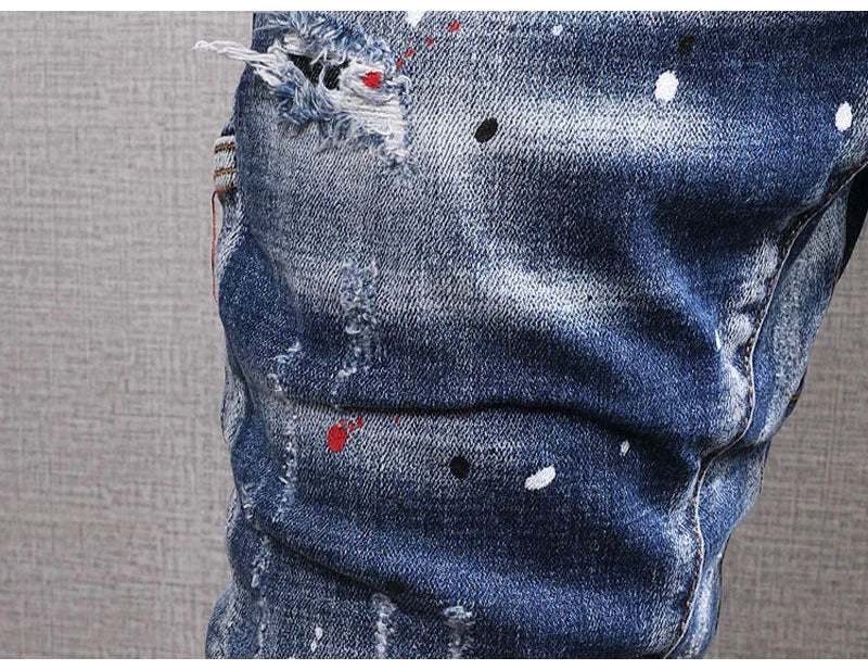 Fashion Streetwear Men Jeans Retro Black Blue Elastic Slim Fit Ripped Jeans Men Spliced Designer Embroidery Hip Hop Denim Pants