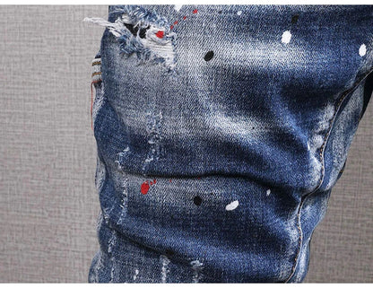 Fashion Streetwear Men Jeans Retro Black Blue Elastic Slim Fit Ripped Jeans Men Spliced Designer Embroidery Hip Hop Denim Pants
