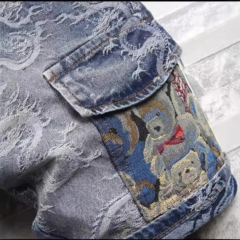 Men's Denim Shorts Overalls Chinese Loong Printed Simple Pants Blue Shorts Spring and Summer