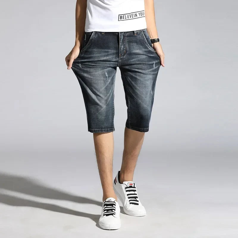 Men Clothes 2024 Men's Shorts Knee Length Breeches Hot Capris Male Denim Shorts Men Stretch Shorts Jeans Bermuda Black Grey Blue