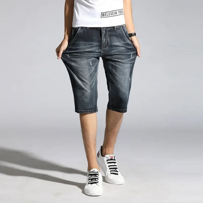 Men Clothes 2024 Men's Shorts Knee Length Breeches Hot Capris Male Denim Shorts Men Stretch Shorts Jeans Bermuda Black Grey Blue