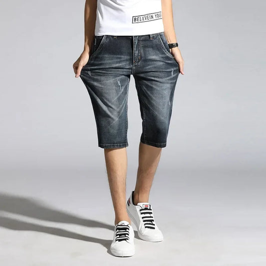 Men Clothes 2024 Men's Shorts Knee Length Breeches Hot Capris Male Denim Shorts Men Stretch Shorts Jeans Bermuda Black Grey Blue