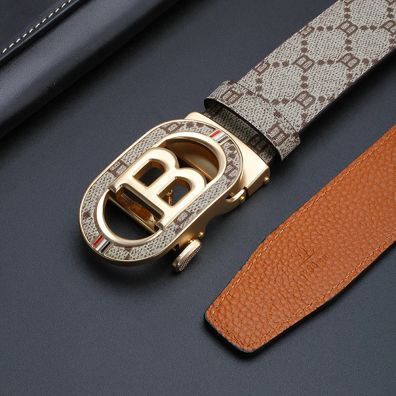 Fashion B Letter Auto Buckle Belt Men's Monogram Print PU Leather Adjustable Waist Strap for Daily Work