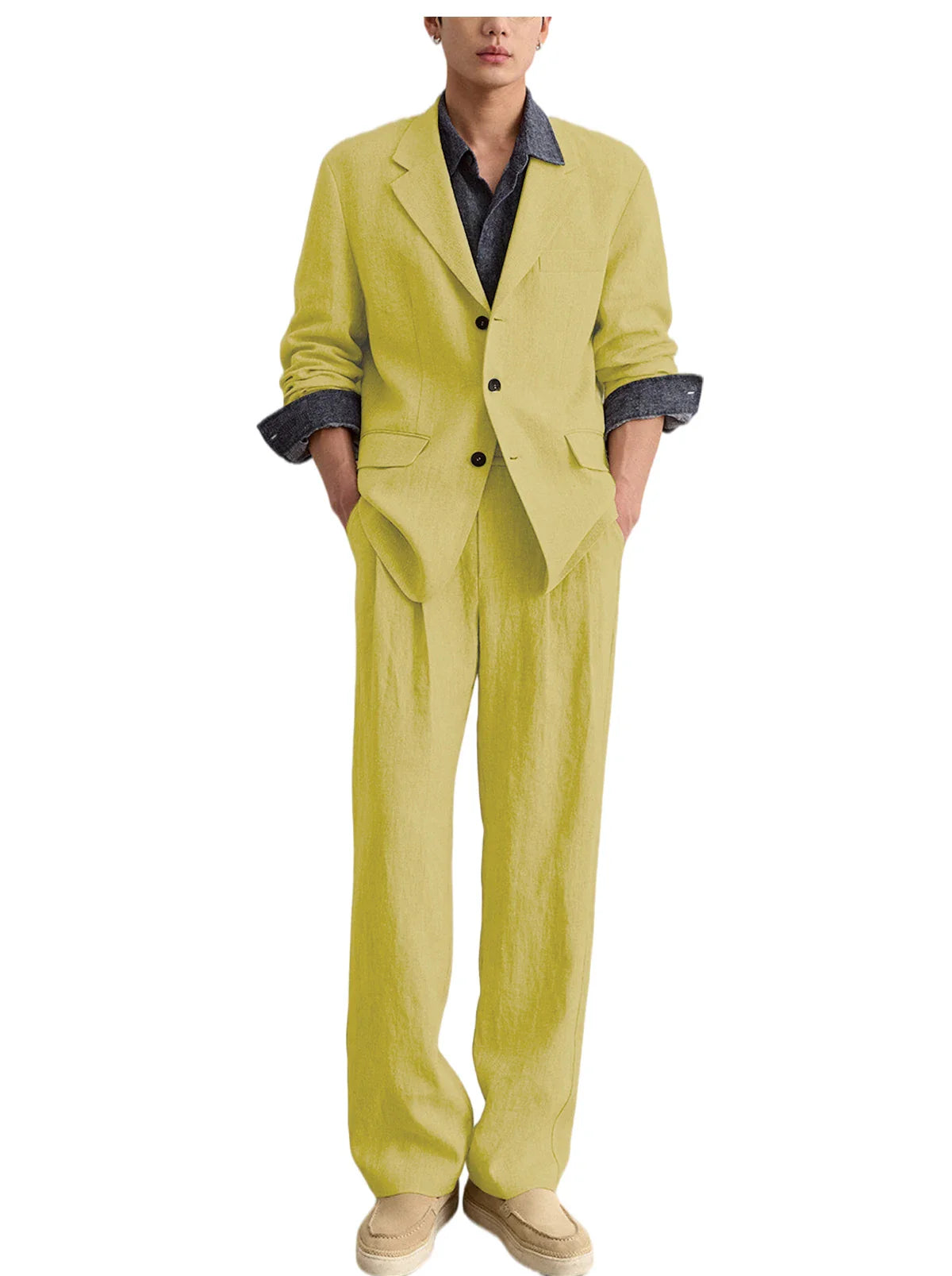 Men's Linen 2 Piece Set Notched Lapel Loose Fit Blazer Wide Leg Trousers Lightweight Breathable Spring Business Casual DailyWear