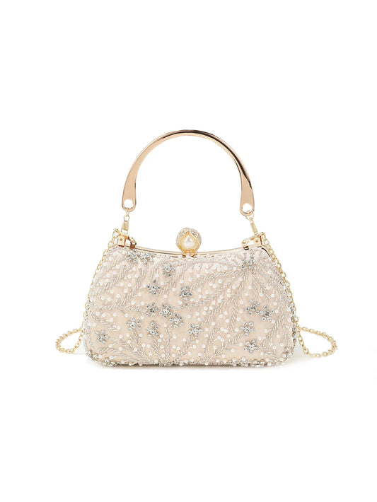 Gorgeous and shiny heavy handmake diamond-studded rhinestones beaded flower pattern hand party wedding evening bag
