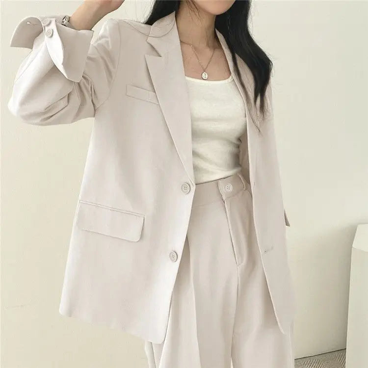 Casual Notch Lapel Suit Set with Button Thick Wide Leg Small Suit Pants High Waist Drape Polyester Business Lady Style Women