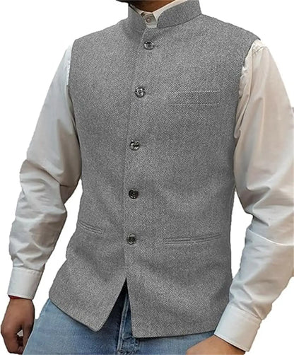 Mens Suit Tweed Vest Stand Collar Single Breasted Herringbone Sleeveless Waistcoat Casual Business Wedding Party Outerwear Gilet