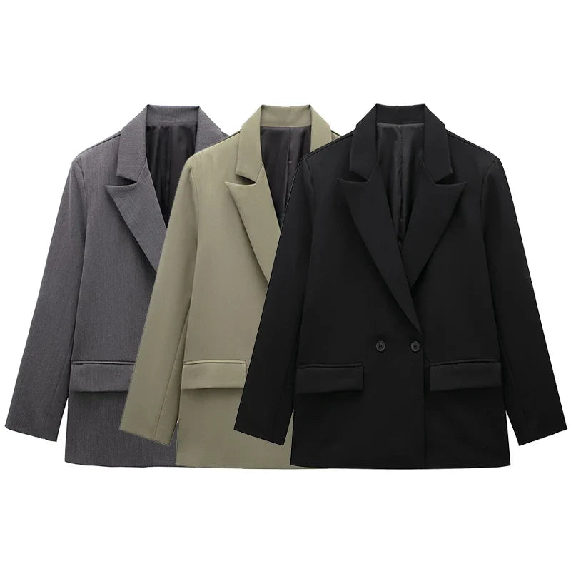 Women Fashion With Pockets Solid Double Breasted Blazer Vintage Long Sleeves Notched Neck Female Office Lady Outfits
