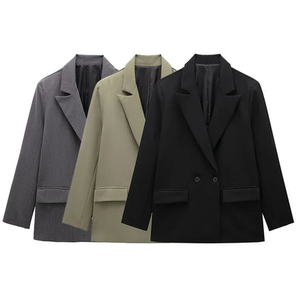 Women Fashion With Pockets Solid Double Breasted Blazer Vintage Long Sleeves Notched Neck Female Office Lady Outfits