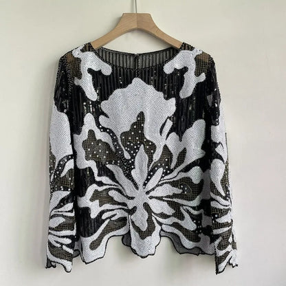 2025 Spring New Sequined Premium Outer Wear Ins Fashion Luxury Beads Long Sleeve Irregular Loose Chic T-shirt Top