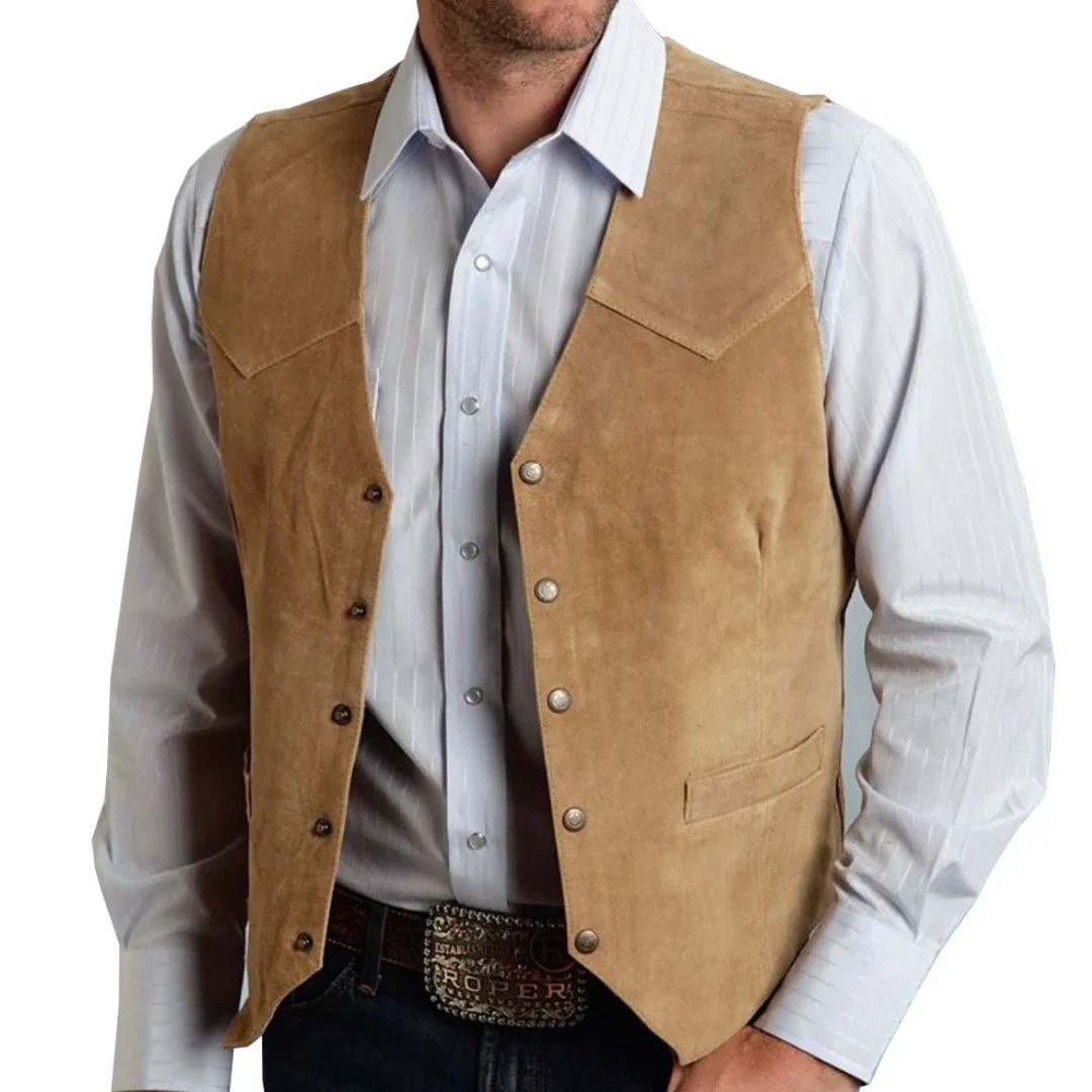 Men Vest Gold Suede Leather Gentleman Business Waistcoat Vintage Western Cowboy Regular Slim Business Banquet Men Suit Vest