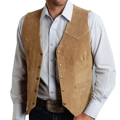 Men Vest Gold Suede Leather Gentleman Business Waistcoat Vintage Western Cowboy Regular Slim Business Banquet Men Suit Vest