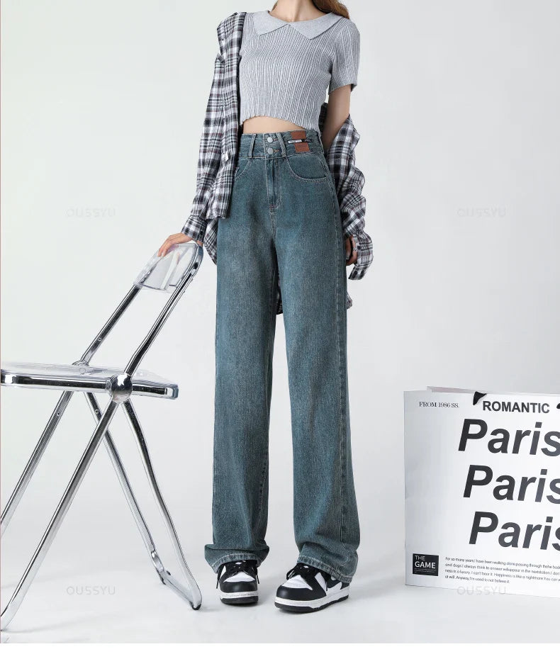 Y2K Woman Jeans High Waist Wide Leg Cotton Denim Clothing Blue White Streetwear Vintage Fashion Harajuku Straight Pants