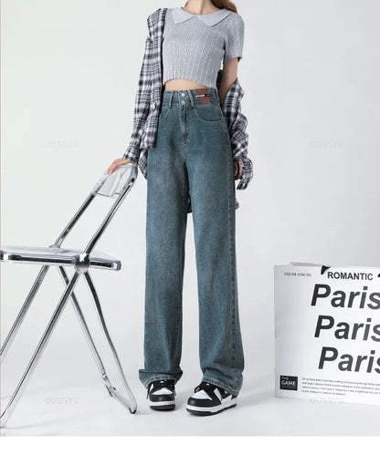 Y2K Woman Jeans High Waist Wide Leg Cotton Denim Clothing Blue White Streetwear Vintage Fashion Harajuku Straight Pants