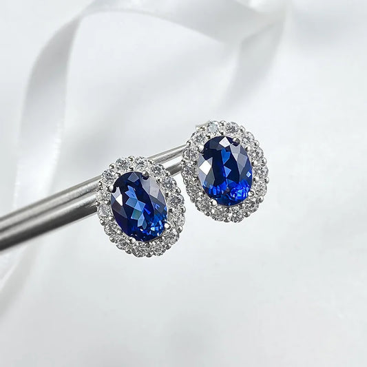 Classic Oval 6*8mm Red/Blue Zircon Stud Earrings For Women 100% 925 Sterling Silver Sparkling Wedding Fine Jewelry
