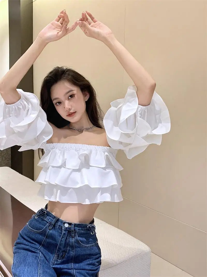 Off Shoulder Fashion Woman Blouse Stacked Ruffles Crop Top Shirt Summer Designer Short Sleeve Chiffon Sexy 2023 New