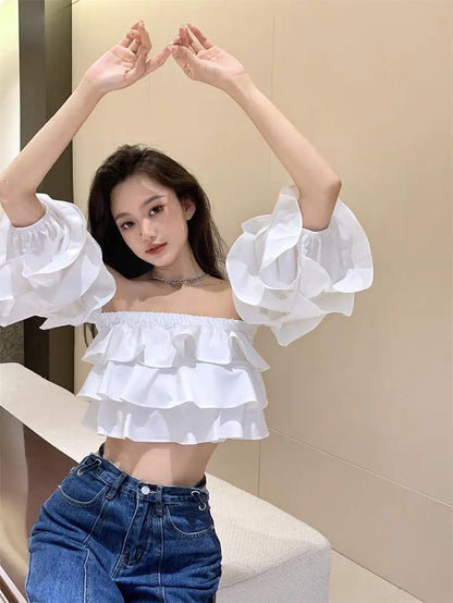 Off Shoulder Fashion Woman Blouse Stacked Ruffles Crop Top Shirt Summer Designer Short Sleeve Chiffon Sexy 2023 New