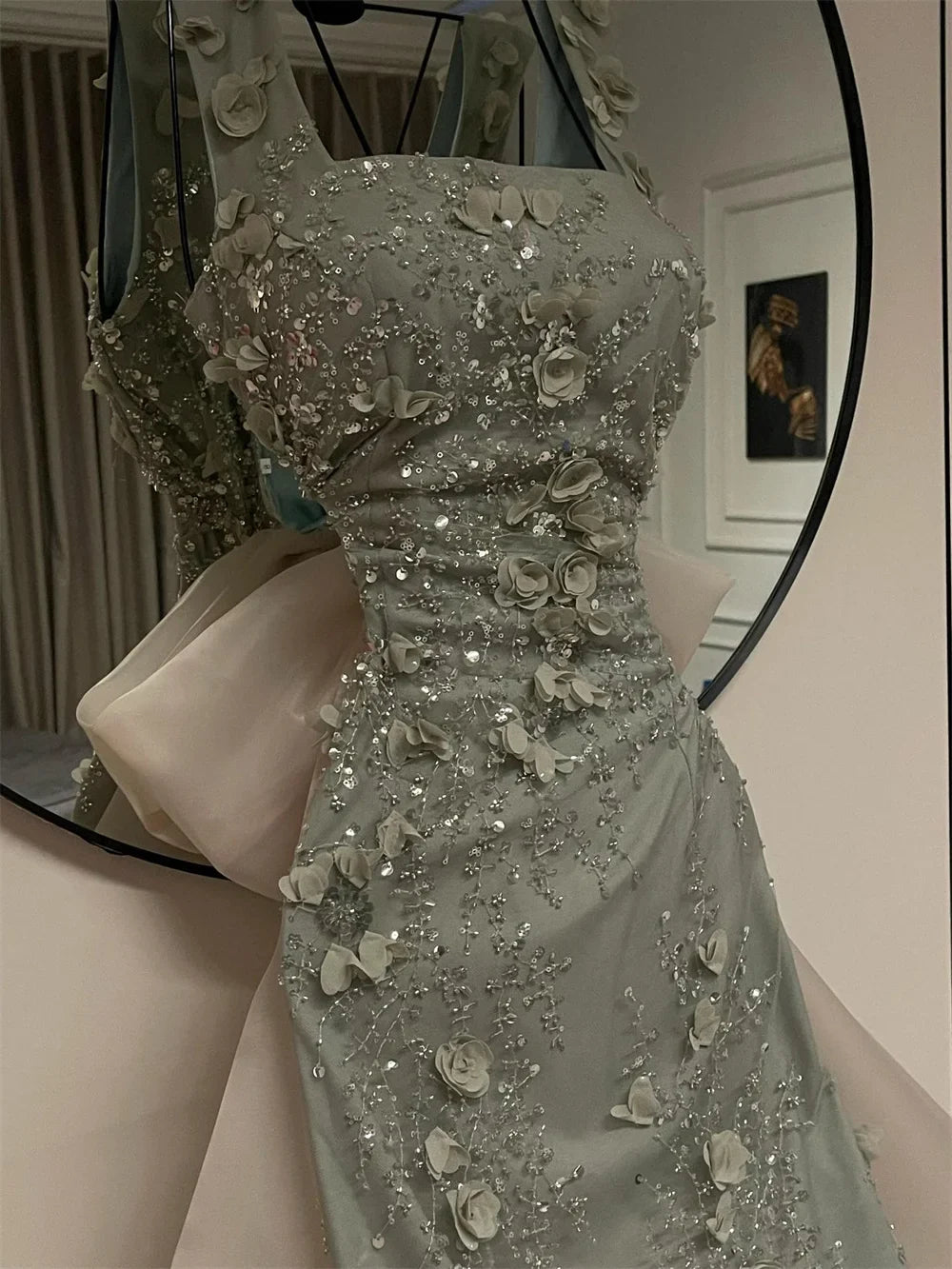 Customized Beaded Square Neck Sleeveless Prom Dress Long A Line Formal Evening Gown Floral Appliques Bow Back Design