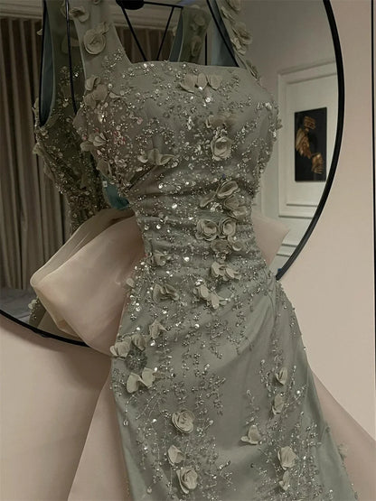 Customized Beaded Square Neck Sleeveless Prom Dress Long A Line Formal Evening Gown Floral Appliques Bow Back Design