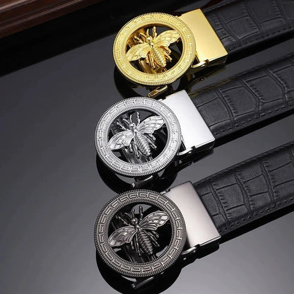 High-End Men's Casual Leather Belt; Small Bee Automatic Buckle Belt; Business Versatile Bamboo Texture Belt.