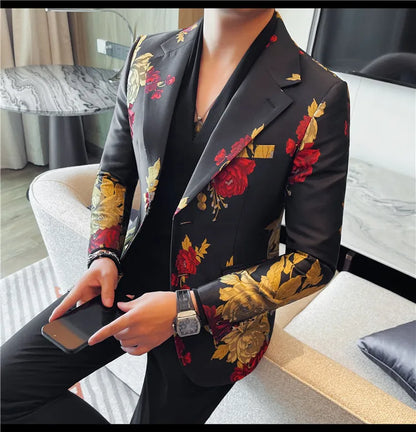New Men Embroidered Jacquard Slim Fit Casual Suit Jacket Formal Prom Party Stage Costume Man Tuxedo Gentleman Blazers Suit Tops
