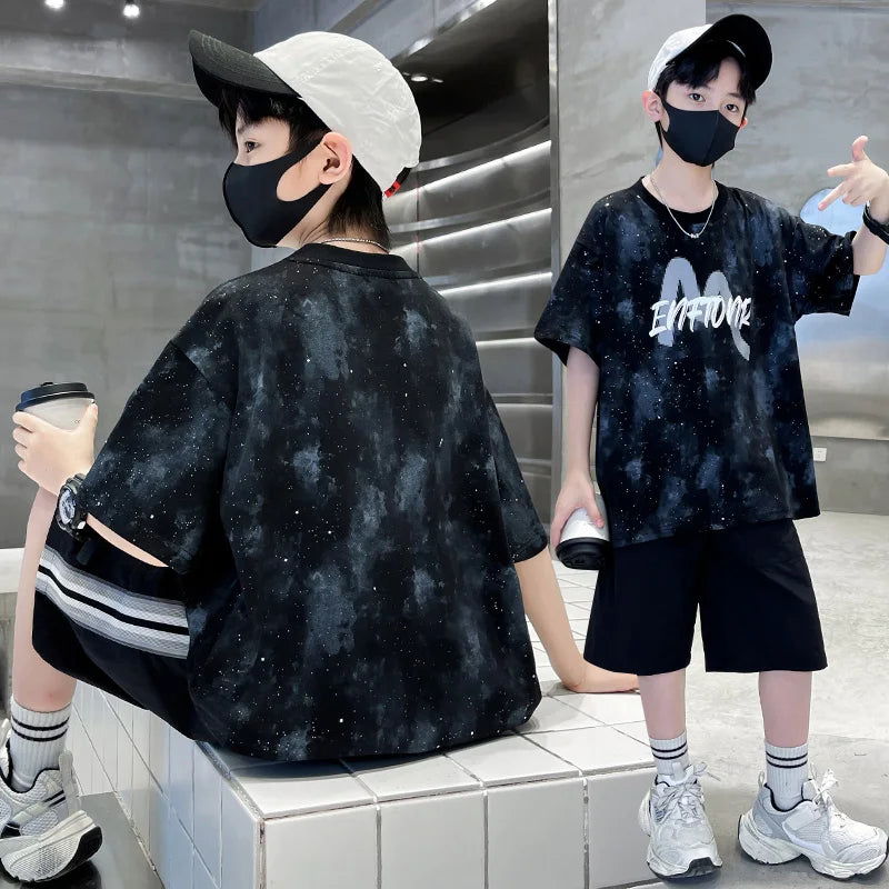 New Casual Boys Cotton Top summer Bottoms Clothes Set for Teenager Child Fashion Outfit Kids T-shirt Shorts Two Pieces Clothing