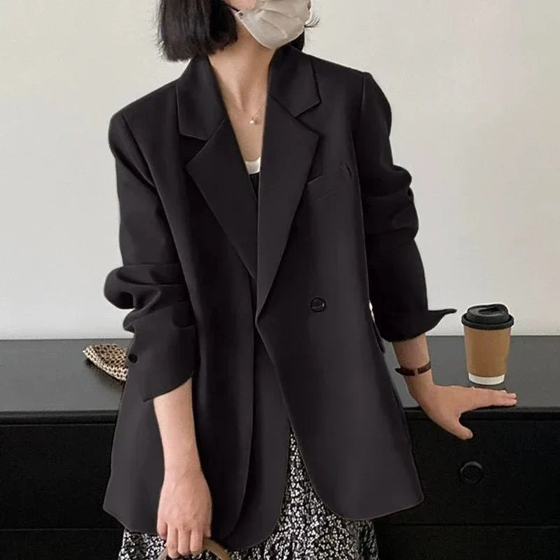 Spring Autumn Elegant Grey Women's Blazer Jacket 2025 New Long Sleeve Single Button Office Lady Loose Outwear for Women