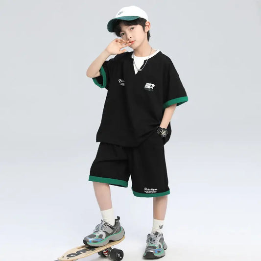 Sporty Korean Children's Clothes 2025 Boys Sets Tracksuit for Boy Top Shirts Tops Home Clothing 10 14 Years Kids Summer Set Suit