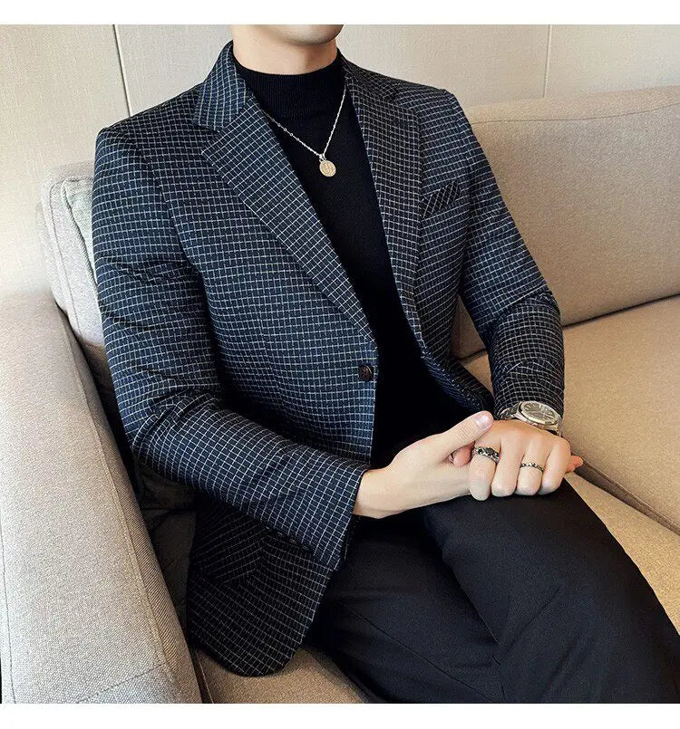 Men's Elegant Grid Suit Jacket 2026 Spring New Fashion Slim Blazer Jackets Social Prom Dress Jacket Men's High Quality Clothing
