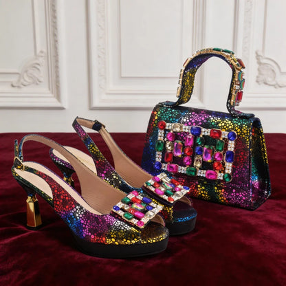 2026 New Arrival Rhinestone Peep-Toe High Heel Sandals and Bag Set for Women –Elegant Italian Party Shoes Perfect for Wedding