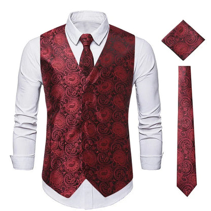 New Men Jacquard Splicing Thin Loose Suit Vest Fashion Homme Wedding Dance Party Dress Waistcoat Free with Tie