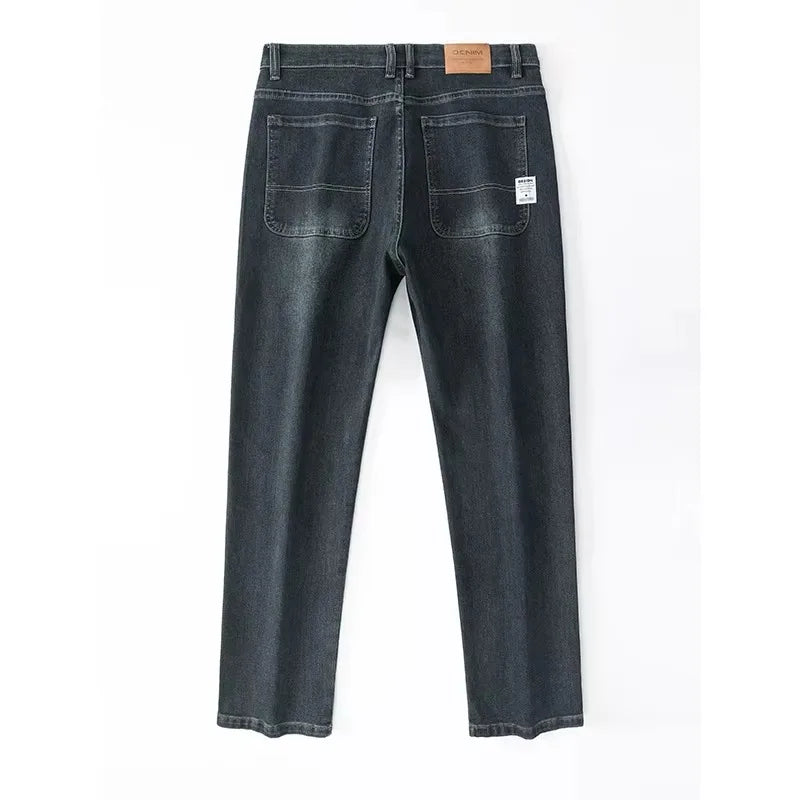 Autumn Winter  Brand New High Waist Jeans Classic Business Casual Office Men's Fashion Stretch Slim Denim Jeans Navy Blue