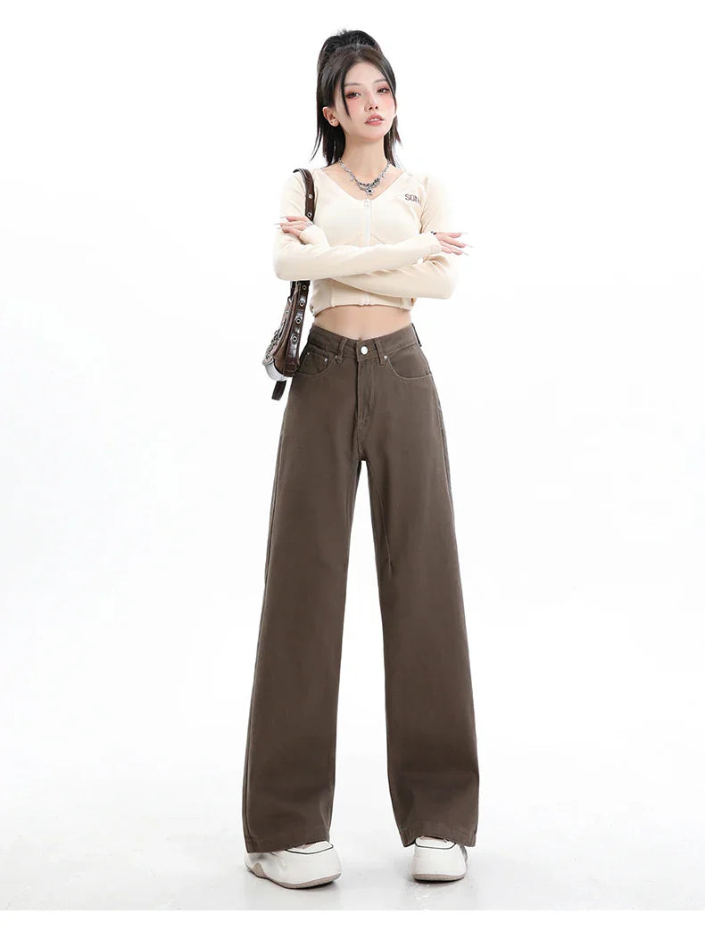 Baggy High Street Fashion Straight brown Jeans for Women's Y2k High Waist Female Clothing Solid Color Casual Wide Denim Trousers