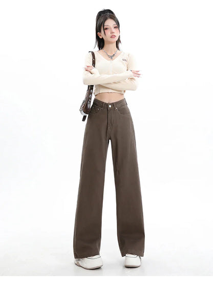 Baggy High Street Fashion Straight brown Jeans for Women's Y2k High Waist Female Clothing Solid Color Casual Wide Denim Trousers