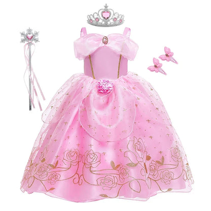 Sleeping Beauty Aurora Princess Dress Cosplay Off Shoulder Kids Gifts Fancy Halloween Party Girl Baby Lace Dress Set