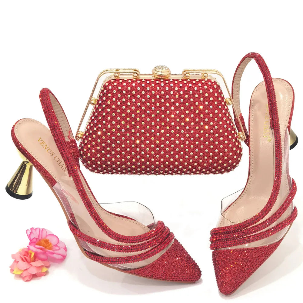 Italian Pointed Toe Wedding Shoes Gold Color Summer Sandal for Women 2023 High Heels Rhinestone Shoe and Bag Set