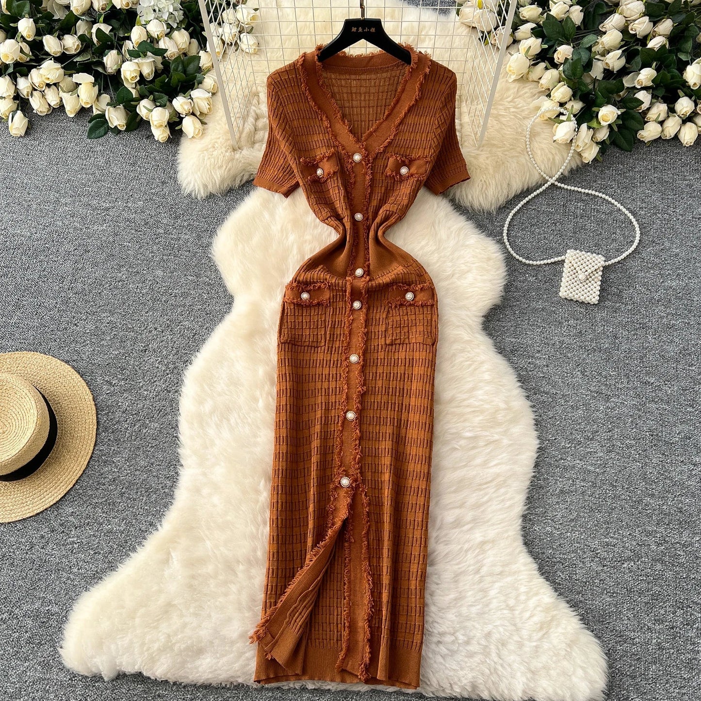 High Quality Elastic Knitted Long Sundress Women Short Sleeves Button Design Office Lady Vintage Split Slim Dress
