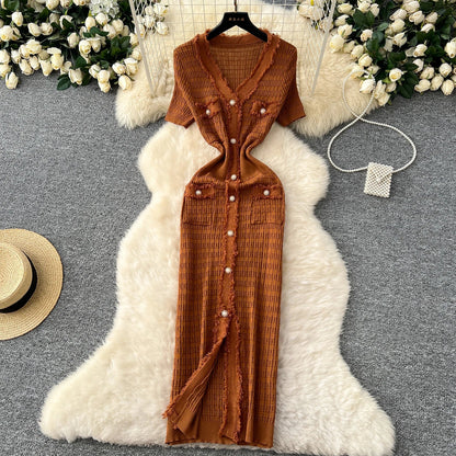 High Quality Elastic Knitted Long Sundress Women Short Sleeves Button Design Office Lady Vintage Split Slim Dress