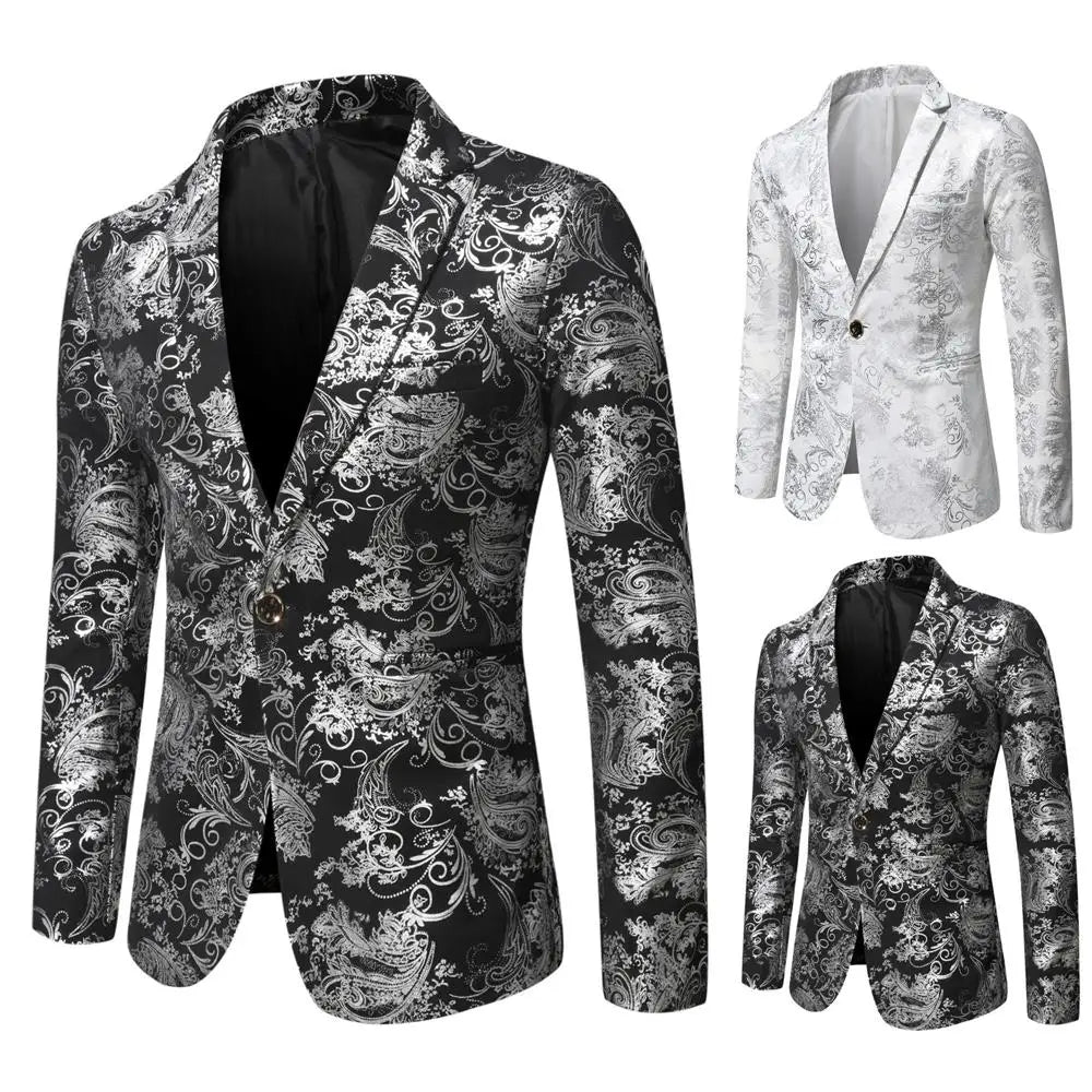 Men's Slim Fit Print Blazer Jacket 2025 Fashion Handsome Business Casual Silver Stage Show Suit Small Menswear