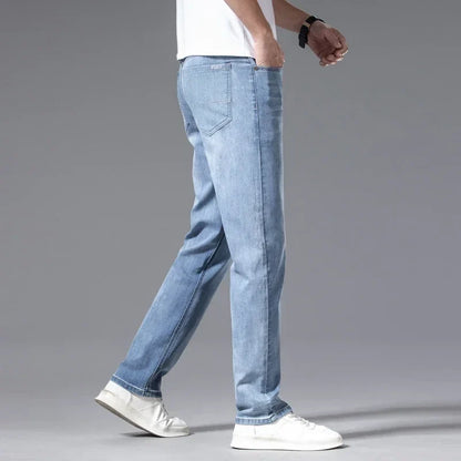 2024 Men's New Autumn Straight Casual Jeans Light Blue Classic Breathable Comfortable No Ironing Stretch Denim Trousers Male