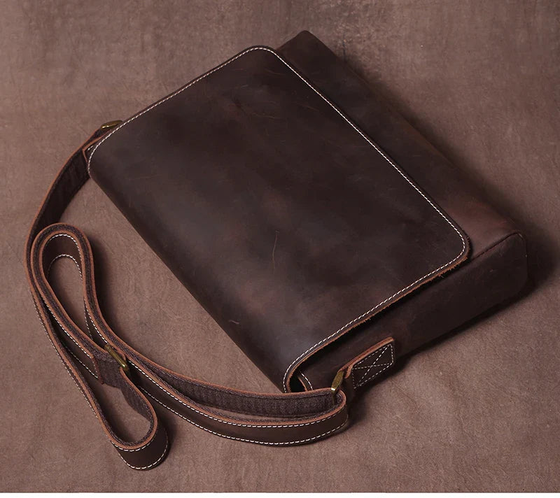 Men's High Quality Genuine Leather Shoulder Bag Vintage Flap Crazy Horse Cowhide Messenger Bag Daily Casual Crossbody Bags