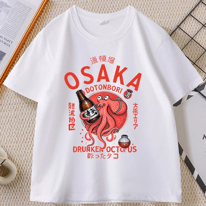 Japanese Style T-shirt drunken octopus Osaka Tshirt Seafood Men Women Graphic Tee Cotton Printed Short Sleeve T Shirt Streetwear