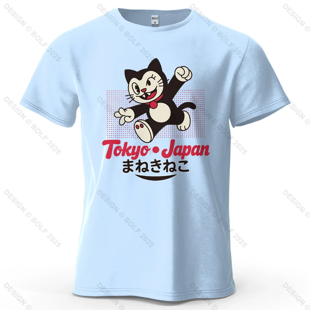 Tokyo Japan Maneki Neko Printed Men's T-Shirt 100% Cotton Oversized Cute Graphic Tees for Women Tops Tees Streetwear