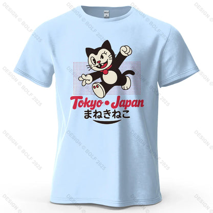 Tokyo Japan Maneki Neko Printed Men's T-Shirt 100% Cotton Oversized Cute Graphic Tees for Women Tops Tees Streetwear