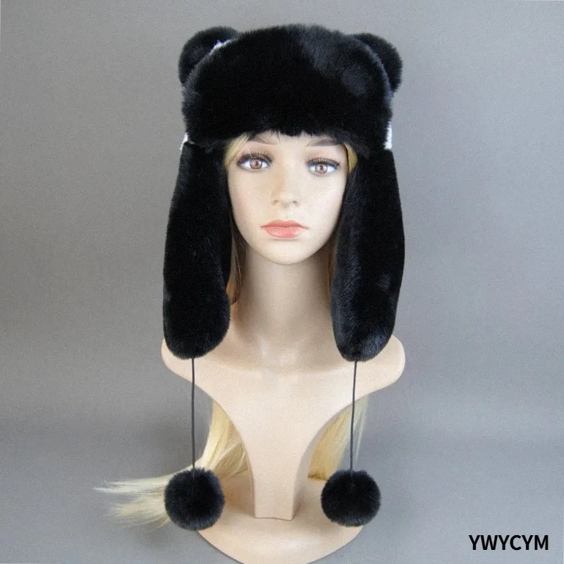 Hot Sale New Women False Rex  Rabbit False Fur Hat Winter Warm Fur Hat Black and White Panda Cute Color Artificial Hat