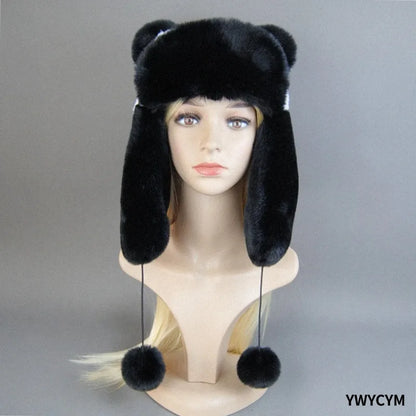 Hot Sale New Women False Rex  Rabbit False Fur Hat Winter Warm Fur Hat Black and White Panda Cute Color Artificial Hat
