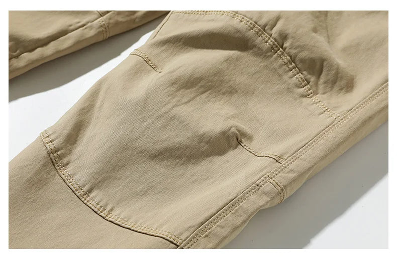 Cotton Men's Cargo Pants Elastic Waist Stretch Trouser Male Multi Pocket Casual Jogger Fit Ankle Length Zipper Purple Drawstring