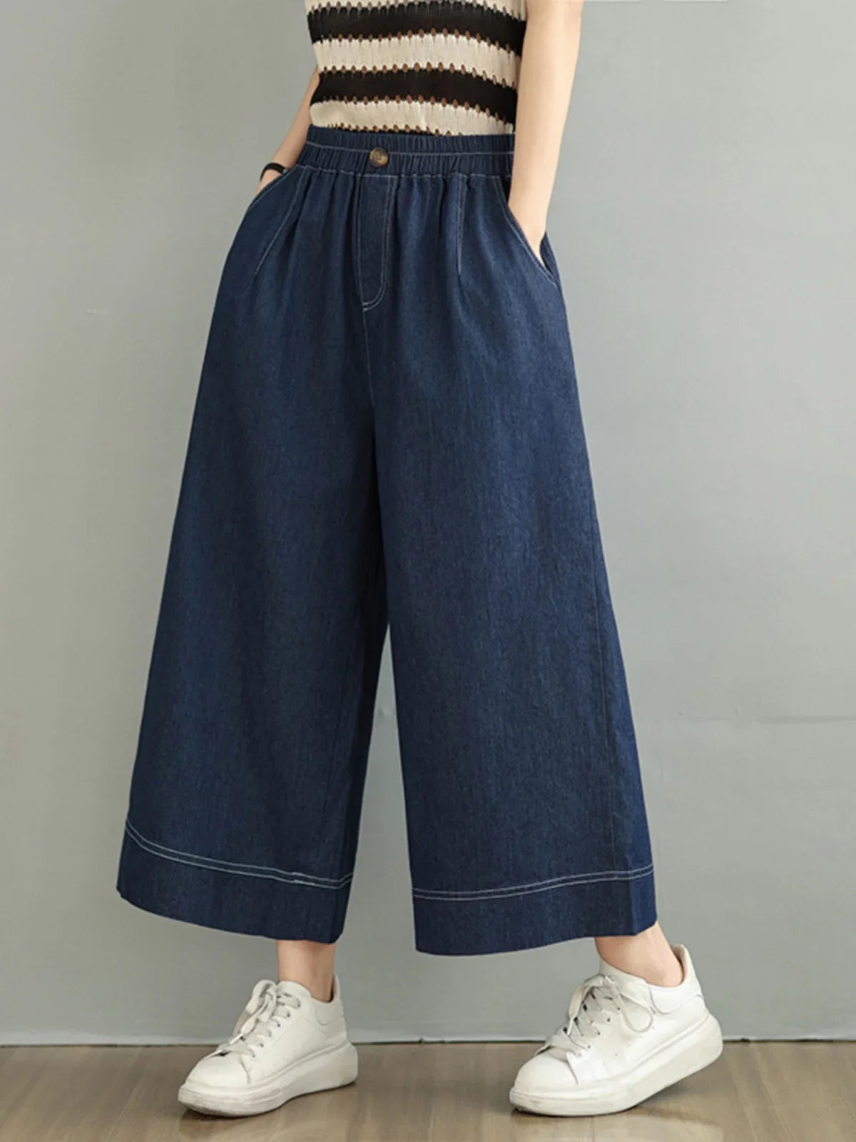 Spring 2026 plus Size Elastic Waist Denim Pants Women's Loose Wide Leg Casual Nine Point Skirt Pants High Waist Blue Jeans