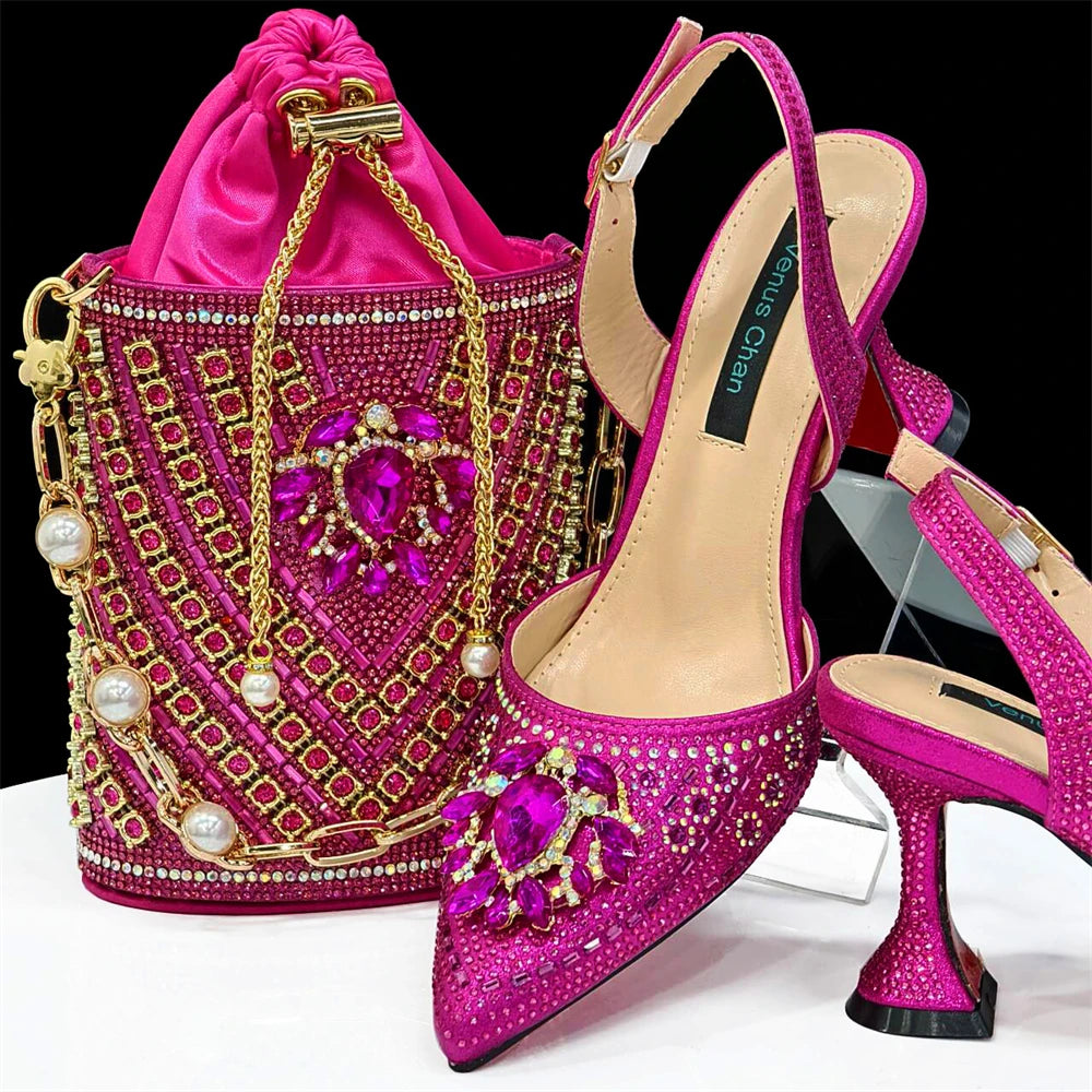 2024 Latest Wedding Pointed Toe Women's Shoes High Heel Black Color Rhinestones italian shoes and bags matching set